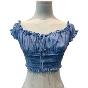Princess Polly Top Womens Size 4 Smocked Ruched Crop Ruffle Blouse Blue